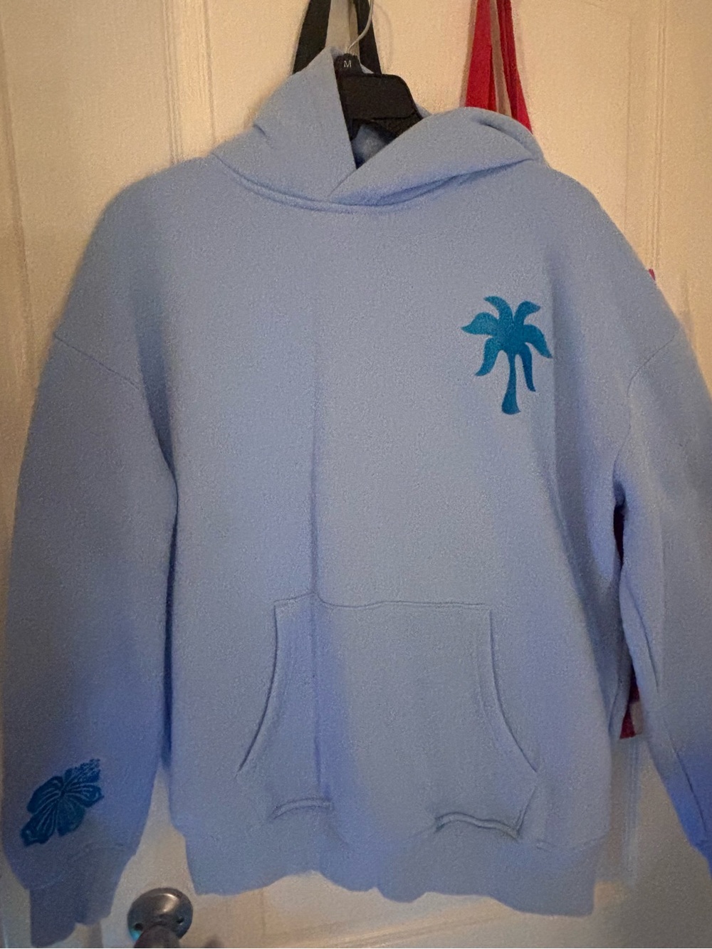 Pink Palm Puff cozy light blue hoodie